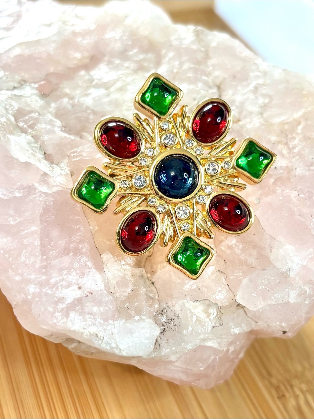 Gripoix Maltese Cross Glass Cabochon Statement Brooch